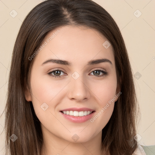 Joyful white young-adult female with long  brown hair and brown eyes