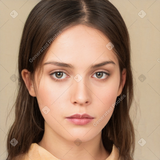 Neutral white young-adult female with medium  brown hair and brown eyes