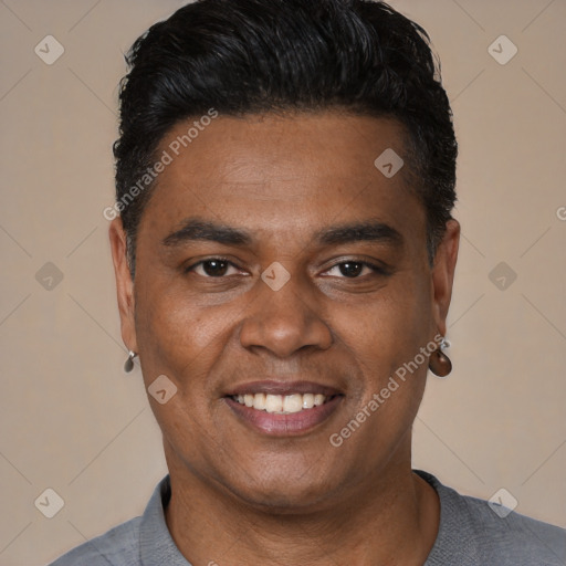 Joyful latino young-adult male with short  black hair and brown eyes