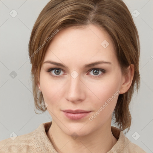 Neutral white young-adult female with medium  brown hair and grey eyes