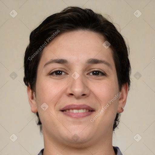 Joyful white young-adult female with short  brown hair and brown eyes