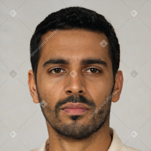 Neutral latino young-adult male with short  black hair and brown eyes