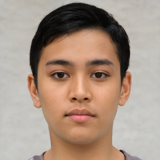 Neutral asian young-adult male with short  black hair and brown eyes