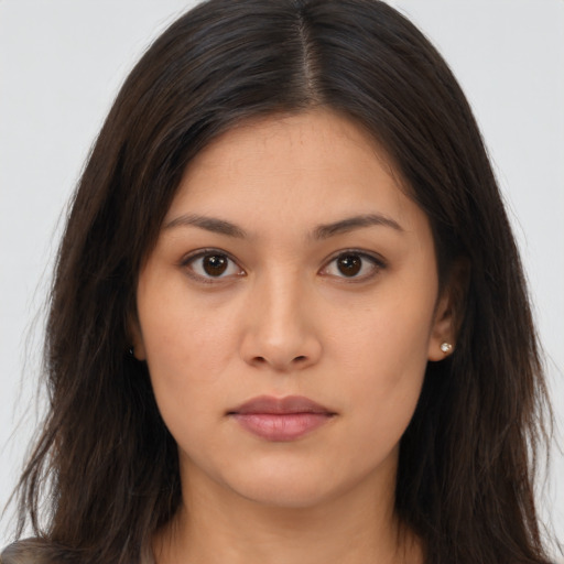 Neutral asian young-adult female with long  brown hair and brown eyes