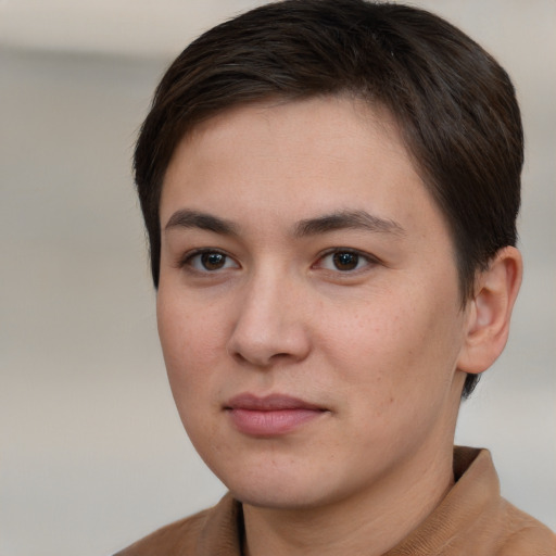 Neutral white young-adult female with short  brown hair and brown eyes