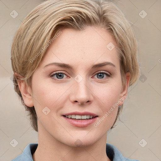 Joyful white young-adult female with medium  brown hair and blue eyes