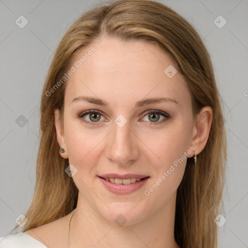 Joyful white young-adult female with medium  brown hair and green eyes