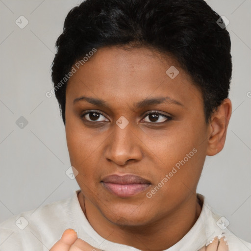 Joyful latino young-adult female with short  brown hair and brown eyes