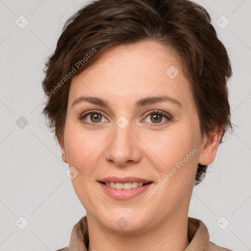 Joyful white young-adult female with medium  brown hair and green eyes