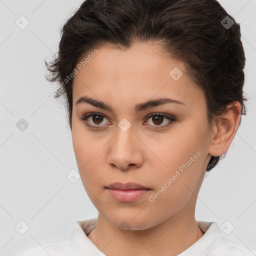 Neutral white young-adult female with short  brown hair and brown eyes