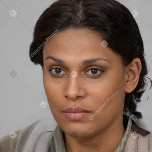 Neutral white young-adult female with short  brown hair and brown eyes