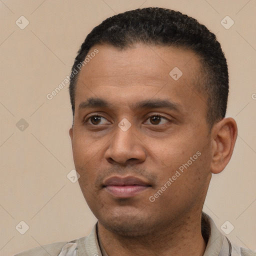 Neutral latino young-adult male with short  black hair and brown eyes