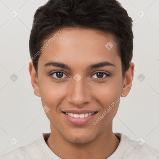 Joyful white young-adult female with short  brown hair and brown eyes