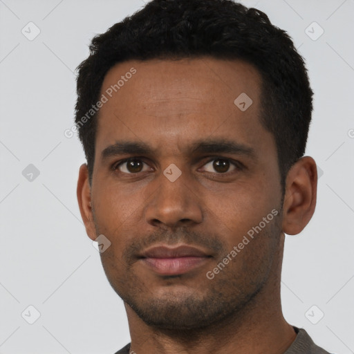 Neutral black young-adult male with short  black hair and brown eyes