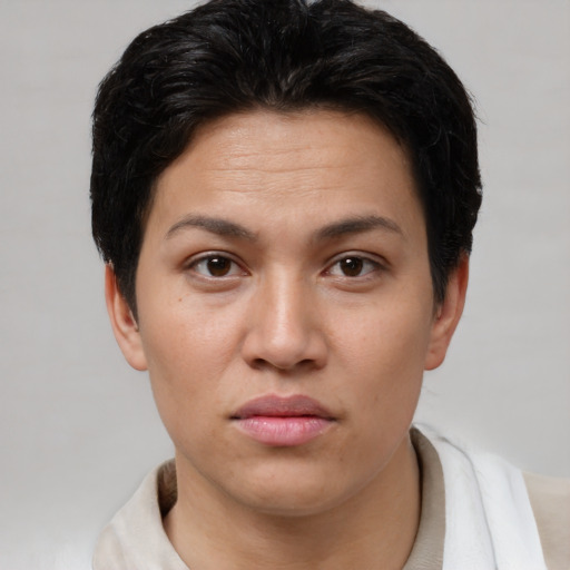 Neutral asian young-adult female with short  brown hair and brown eyes