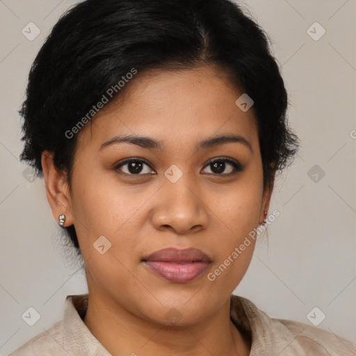 Joyful latino young-adult female with short  brown hair and brown eyes