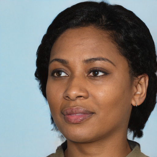 Joyful black young-adult female with short  black hair and brown eyes