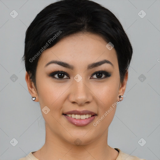 Joyful asian young-adult female with short  black hair and brown eyes