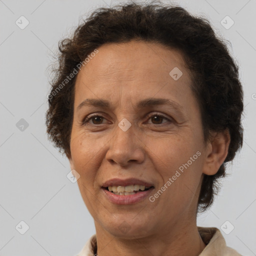 Joyful white adult female with short  brown hair and brown eyes