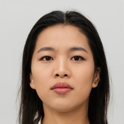 Neutral asian young-adult female with long  black hair and brown eyes