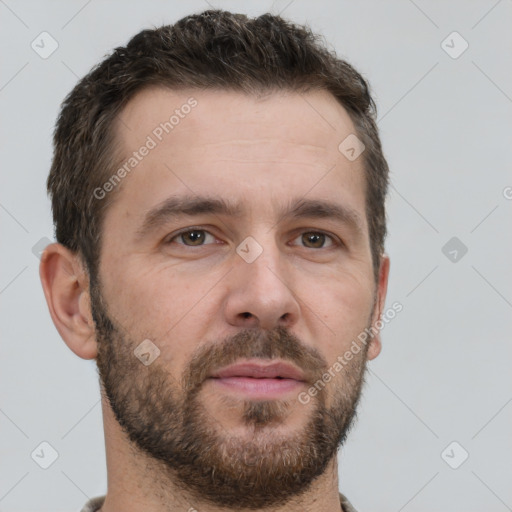 Neutral white young-adult male with short  brown hair and brown eyes