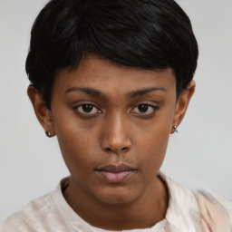 Neutral asian young-adult female with short  black hair and brown eyes