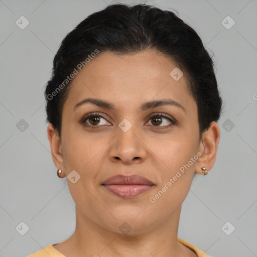 Joyful latino young-adult female with short  brown hair and brown eyes