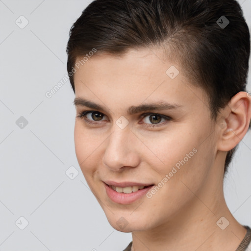 Joyful white young-adult female with short  brown hair and brown eyes