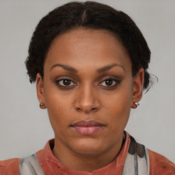 Neutral black young-adult female with short  brown hair and brown eyes