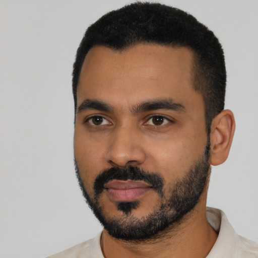 Neutral latino young-adult male with short  black hair and brown eyes