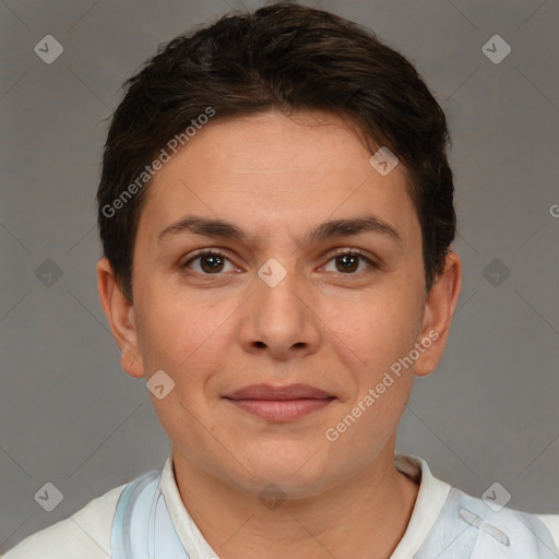 Joyful white young-adult female with short  brown hair and brown eyes