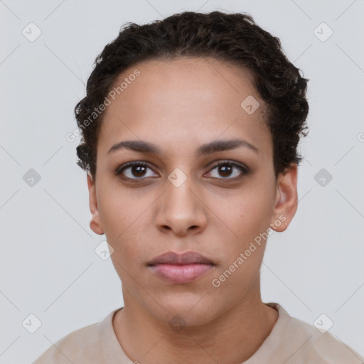 Neutral white young-adult female with short  brown hair and brown eyes