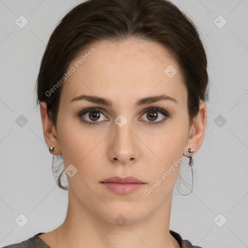 Neutral white young-adult female with medium  brown hair and brown eyes