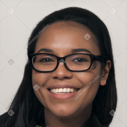 Joyful latino young-adult female with long  black hair and brown eyes