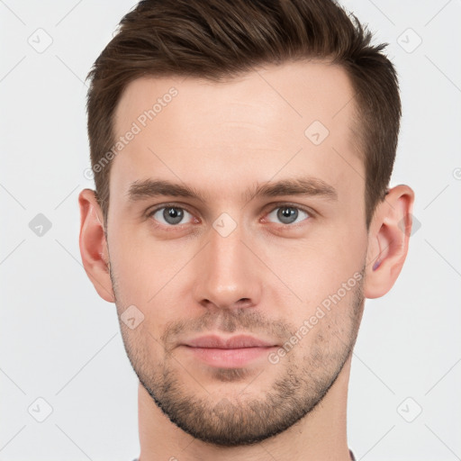 Neutral white young-adult male with short  brown hair and grey eyes