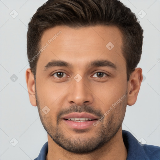 Joyful white young-adult male with short  brown hair and brown eyes