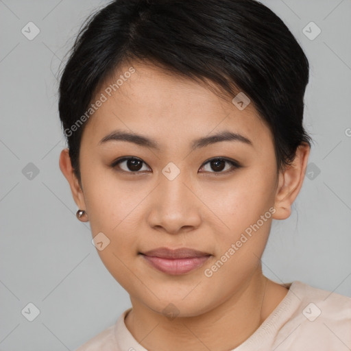 Joyful asian young-adult female with short  brown hair and brown eyes