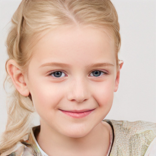 Joyful white child female with medium  blond hair and blue eyes