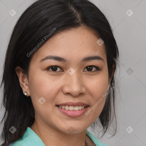 Joyful asian young-adult female with medium  brown hair and brown eyes