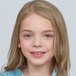 Joyful white child female with medium  brown hair and blue eyes