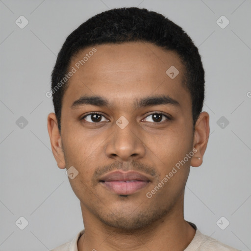 Neutral latino young-adult male with short  black hair and brown eyes