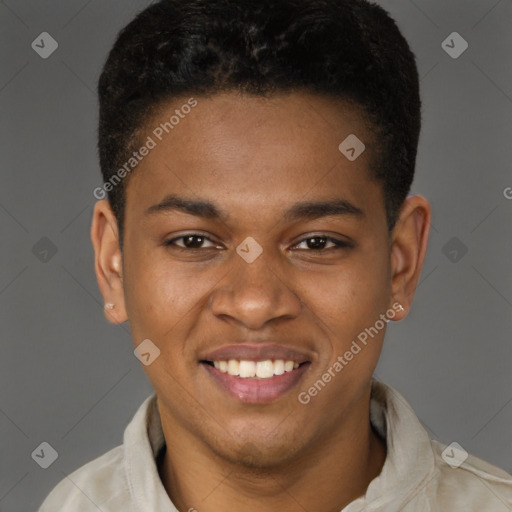 Joyful latino young-adult male with short  brown hair and brown eyes