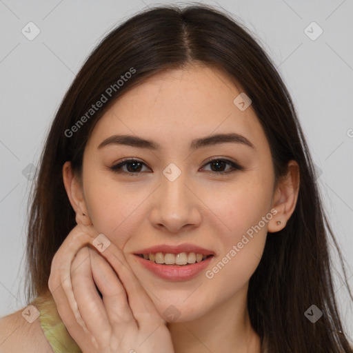 Joyful white young-adult female with long  brown hair and brown eyes