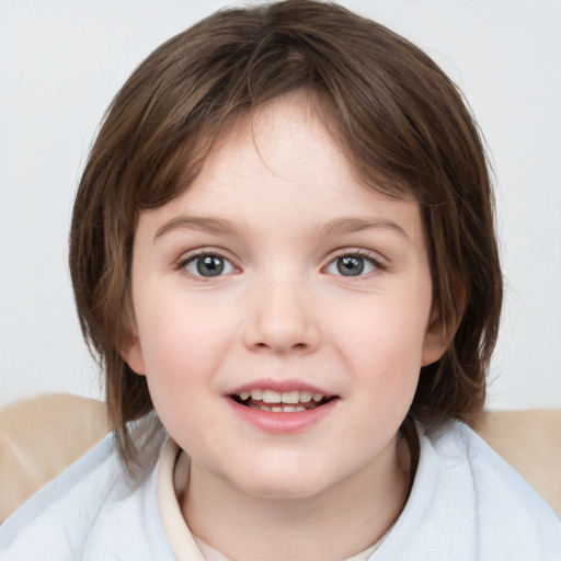 Joyful white child female with medium  brown hair and brown eyes