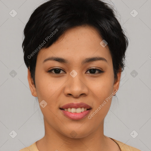 Joyful asian young-adult female with short  black hair and brown eyes