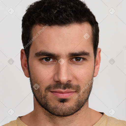 Neutral white young-adult male with short  brown hair and brown eyes