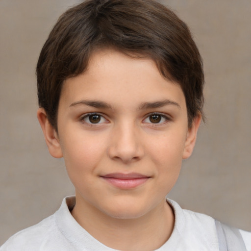 Joyful white child female with short  brown hair and brown eyes