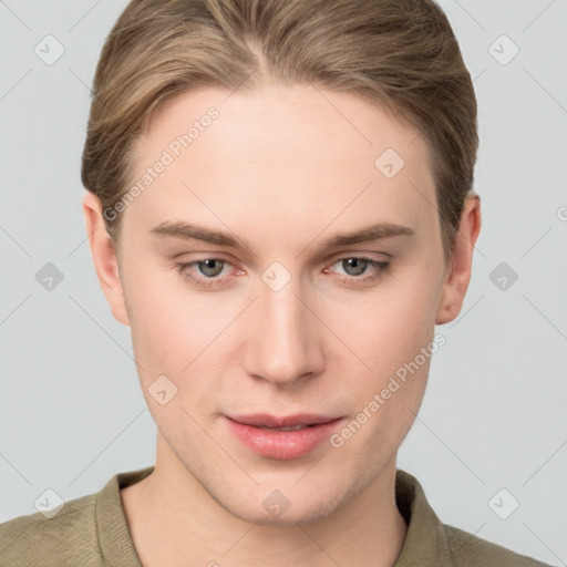 Joyful white young-adult female with short  brown hair and grey eyes