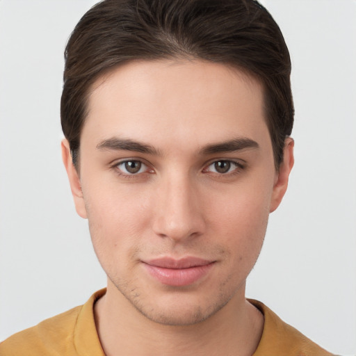 Neutral white young-adult male with short  brown hair and brown eyes