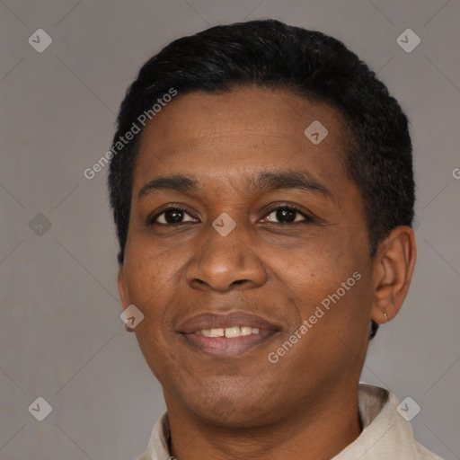 Joyful black adult male with short  black hair and brown eyes